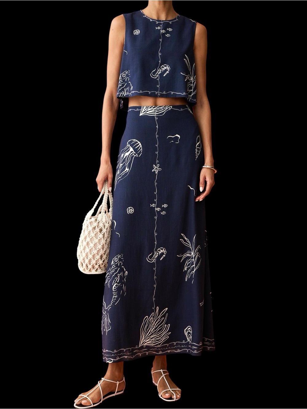 Anaya Few Moda Sari Set Maxi Skirt Crop Top Linen Navy Blue NWT